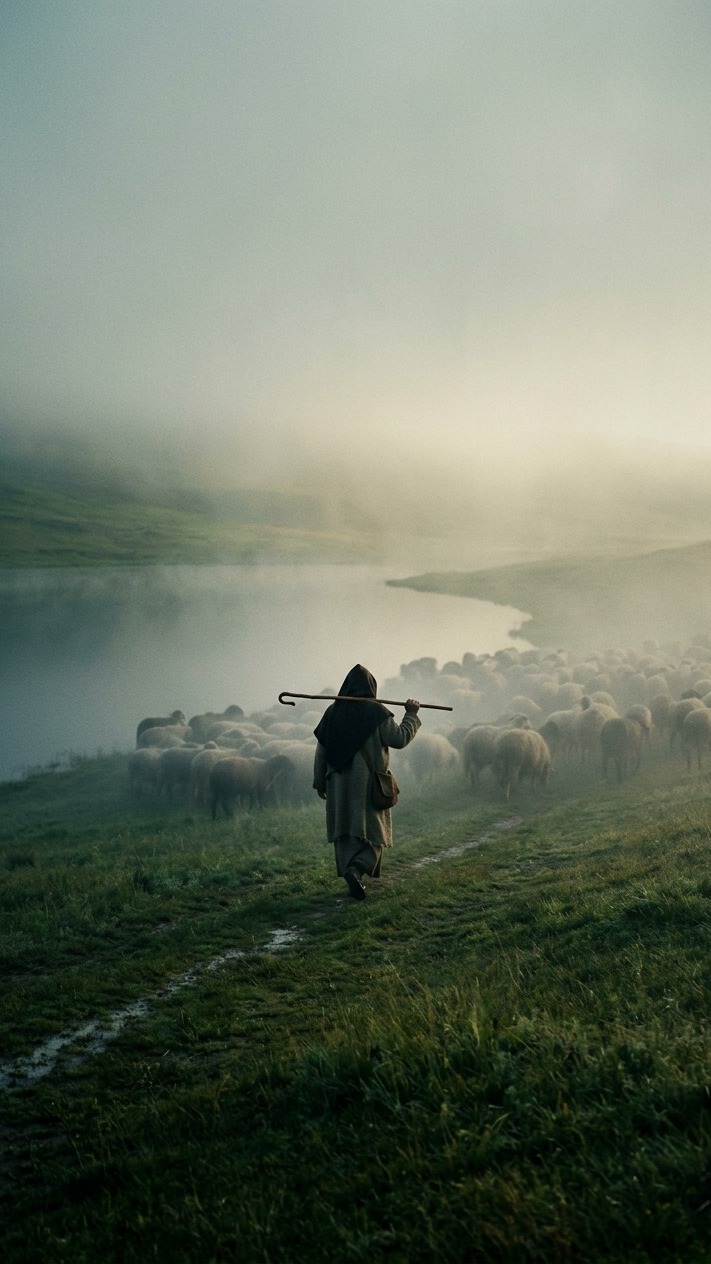 A shepherd on a highland ridge at dawn, his flock below him